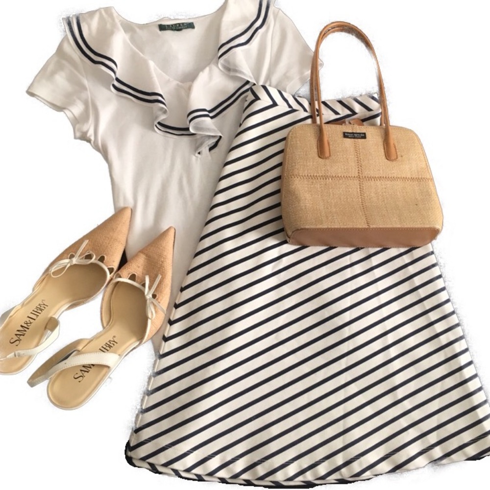 Lands End Ivory Navy Blue High Waist Striped Skirt